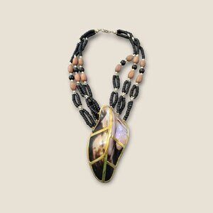 Large Mother-Of-Pearl Pendant Necklace With Black & Gold Beads Multi-Strand Desi